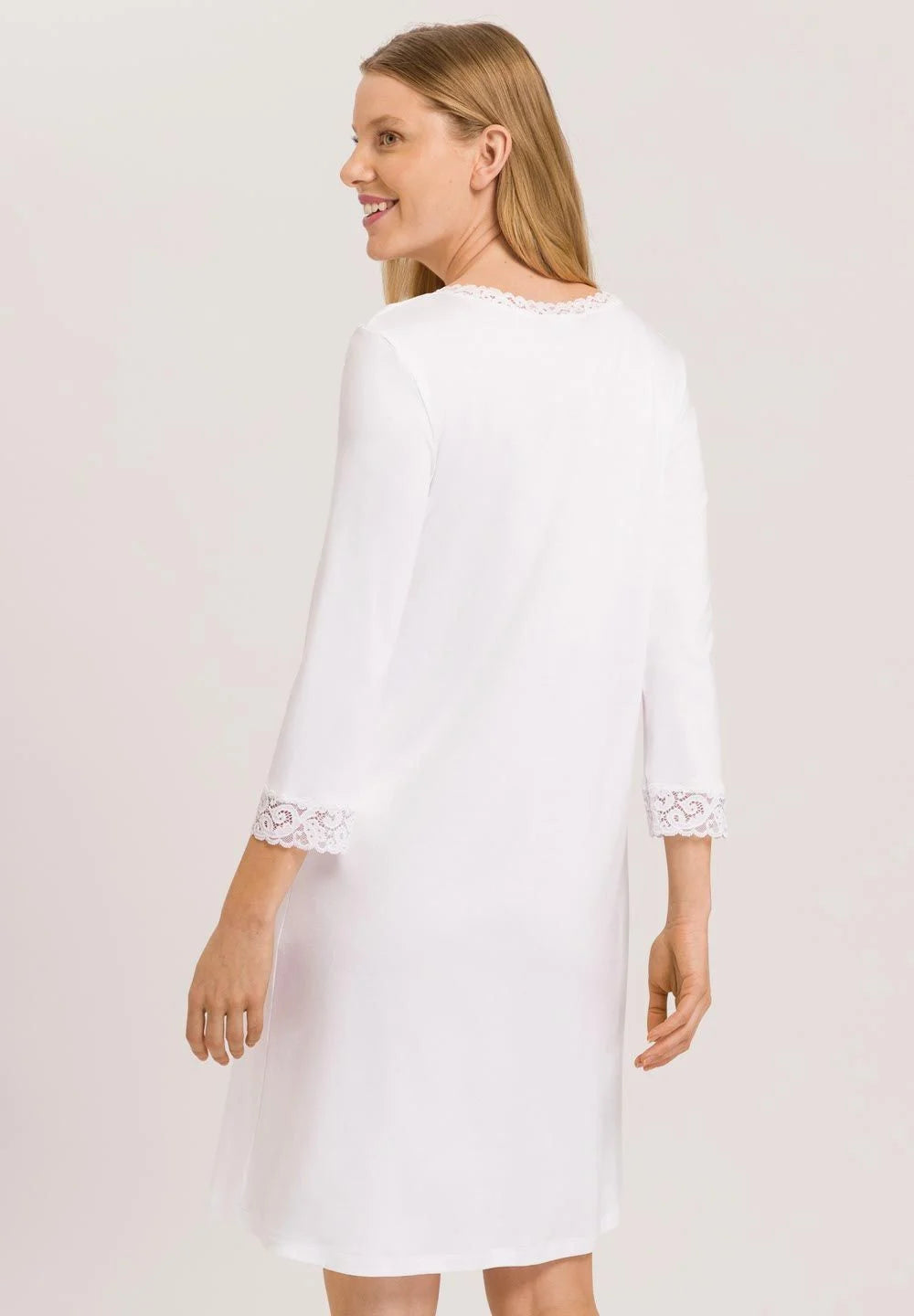 Hanro Moments Lace Trim Cotton Nightgown 3/4 Sleeve