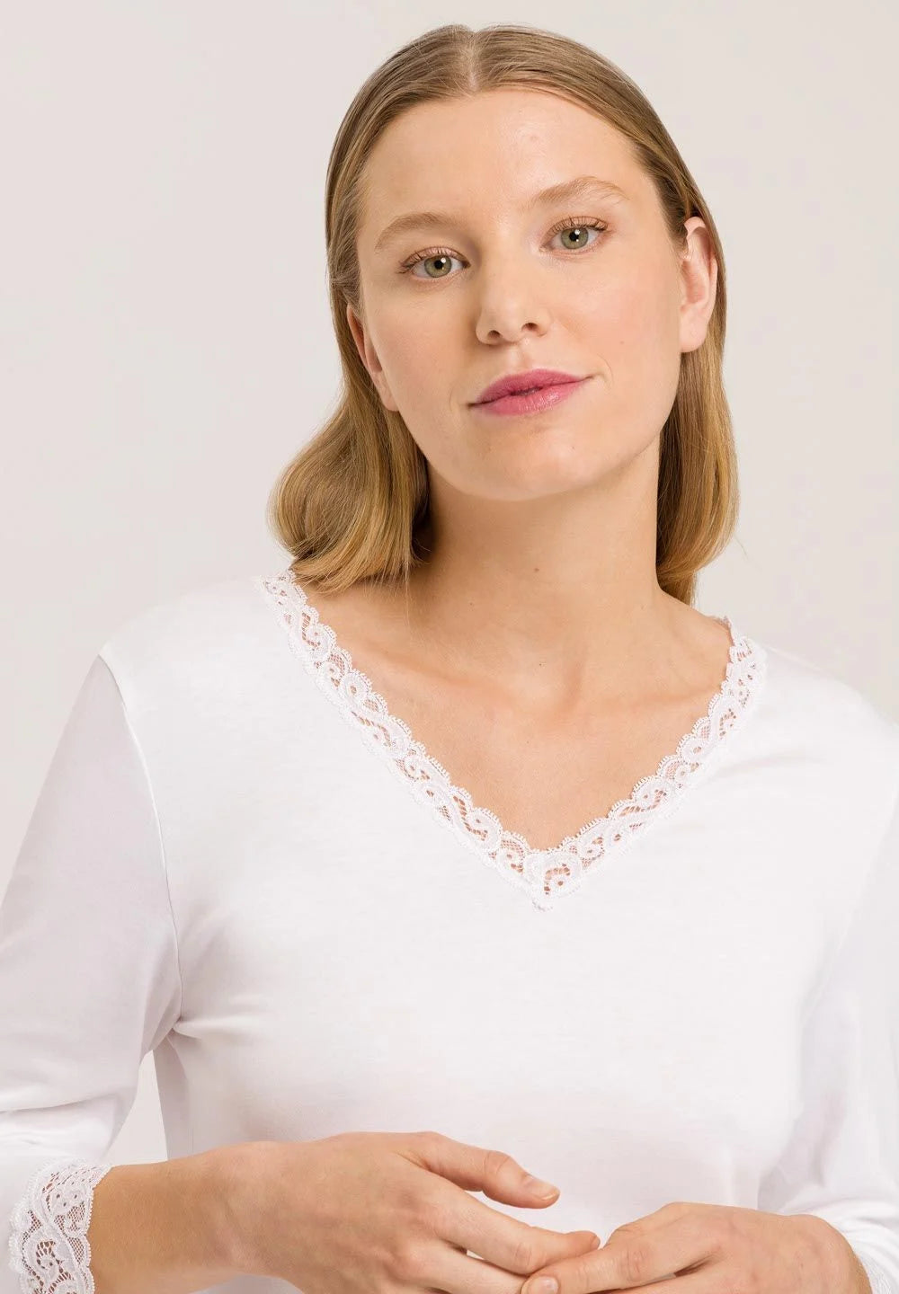 Hanro Moments Lace Trim Cotton Nightgown 3/4 Sleeve