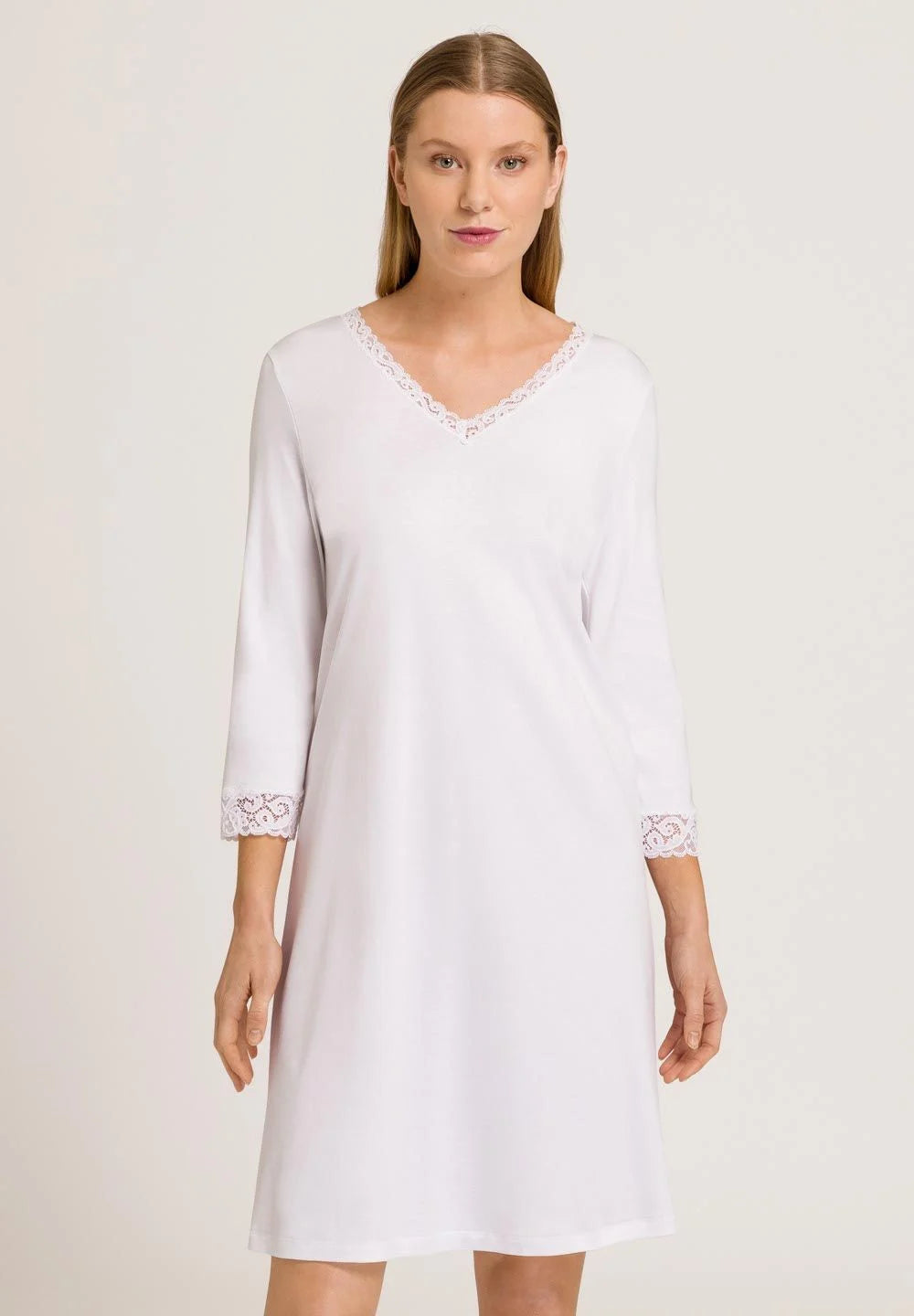 Hanro Moments Lace Trim Cotton Nightgown 3/4 Sleeve