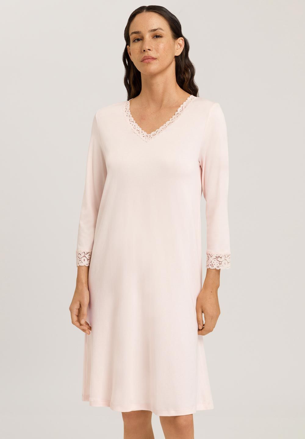 Hanro Moments Lace Trim Cotton Nightgown 3/4 Sleeve
