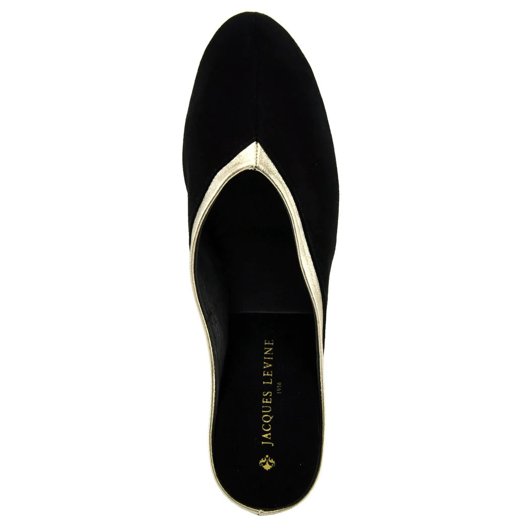 Jacques Levine Slippers 4640 Black Suede/ Gold