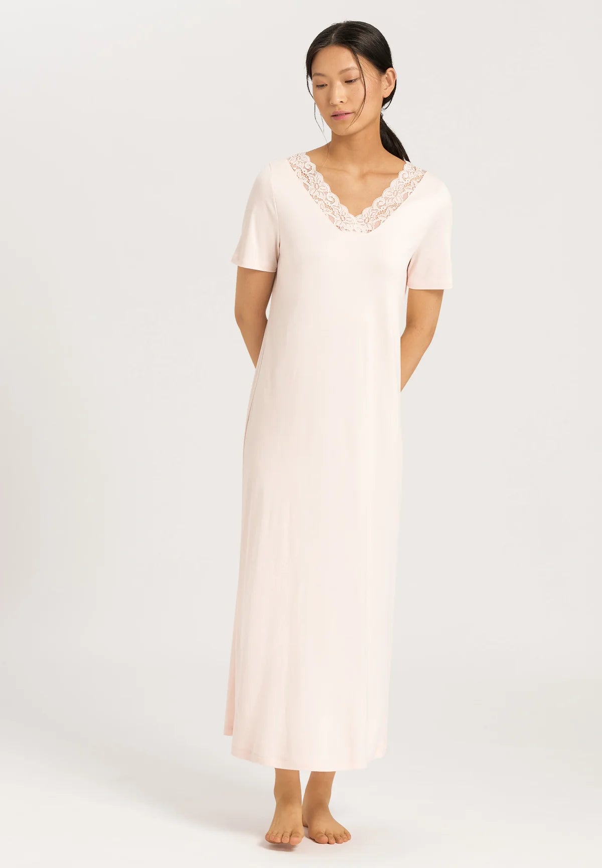 Hanro Moments Short Sleeve Lace Trim Cotton Nightgown