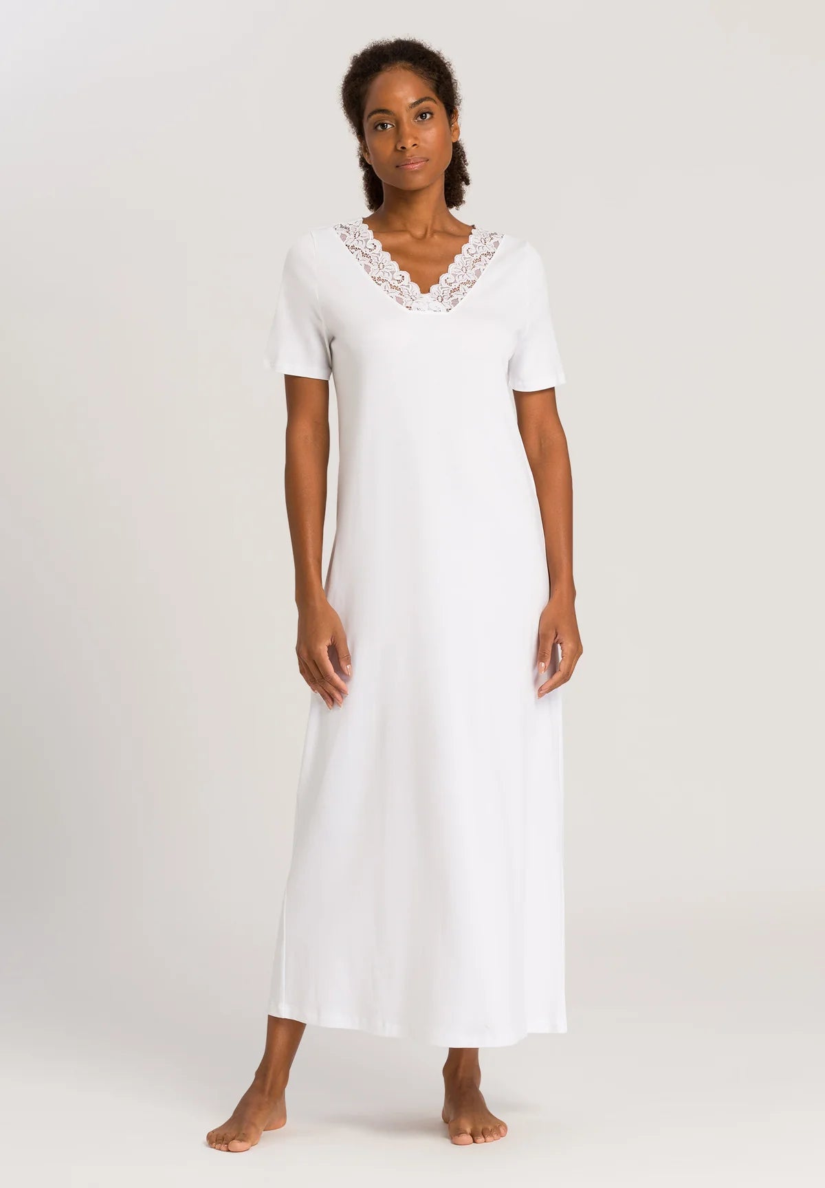 Hanro Moments Short Sleeve Lace Trim Cotton Nightgown