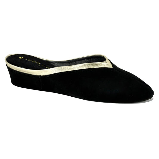Jacques Levine Slippers 4640 Black Suede/ Gold